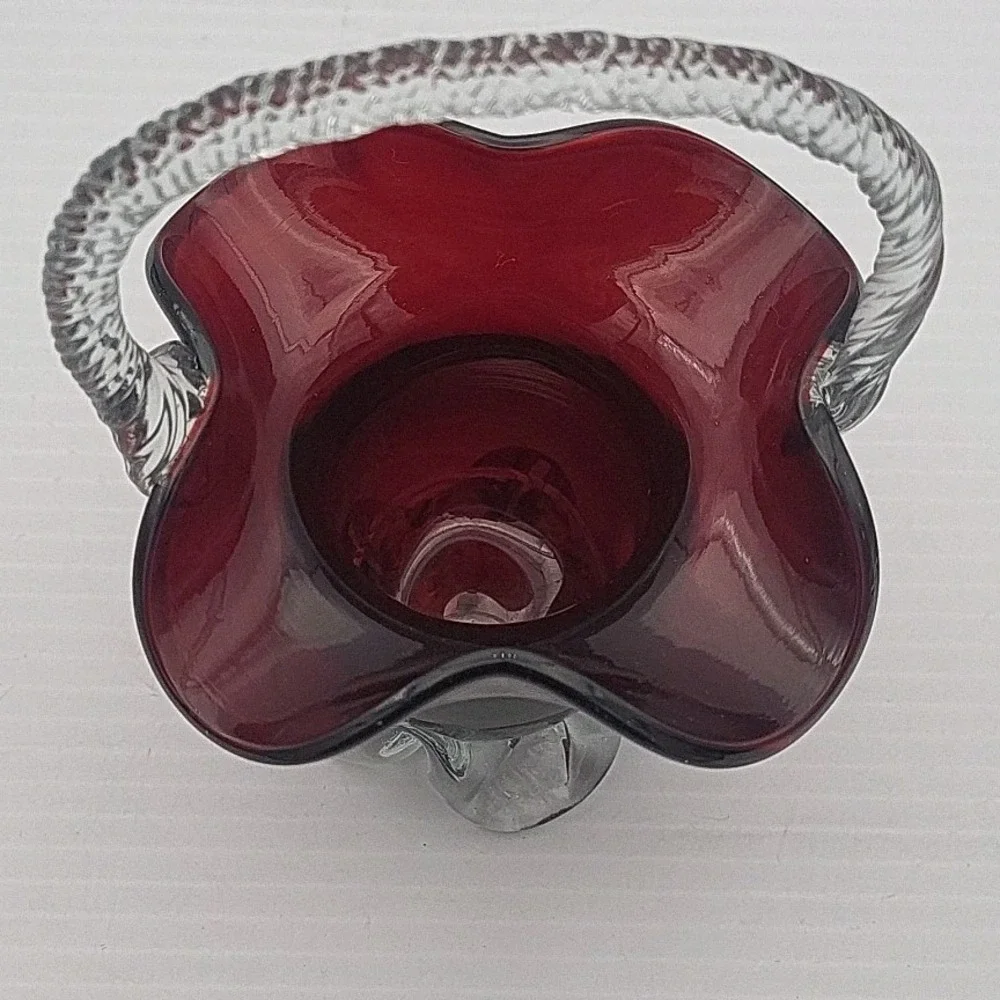 Vintage Dark Purple Glass Basket w/Wavy Edge‎ and Clear Glass Rope Handle